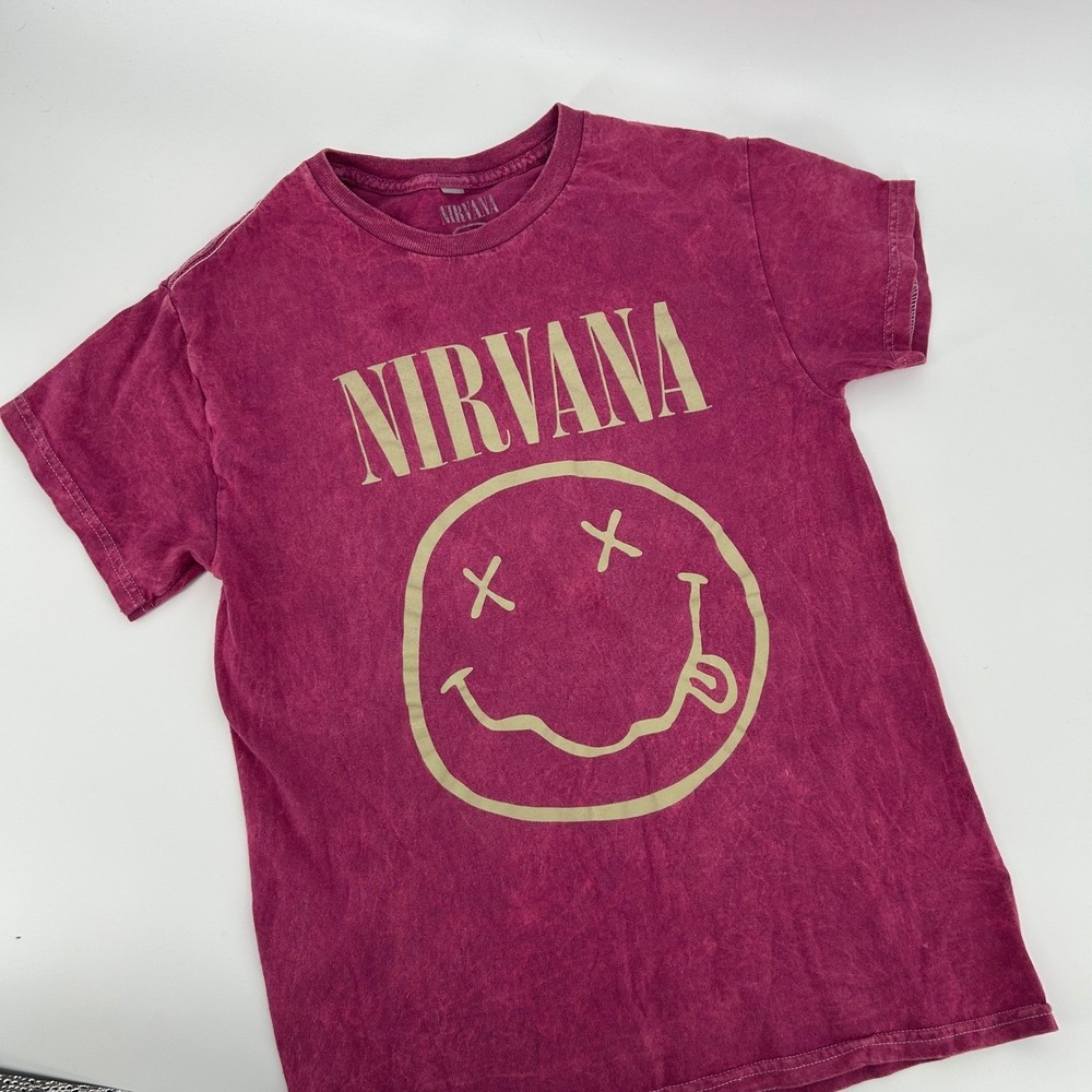 Nirvana Smiley Face Graphic T-Shirt Magenta Acid Wash Pink ‎ Small